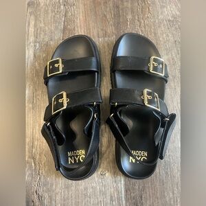 Madden NYC Black Sandals with Gold Buckles